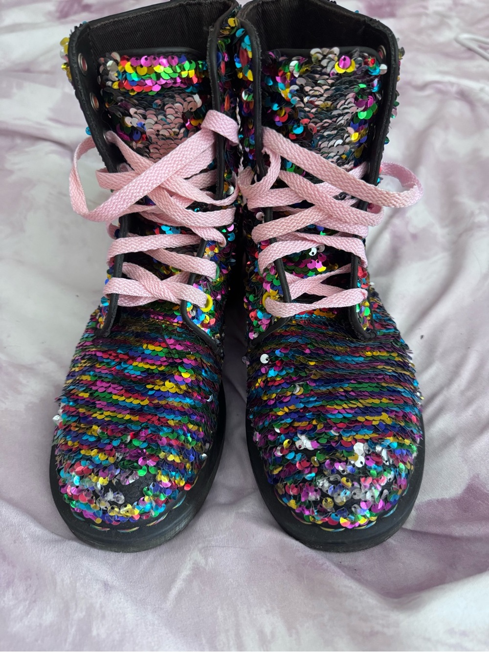 Dr Martens (Doc Martens) Sequin Combat Boots Multi Rainbow to Silver flip sequin - Picture 2 of 10